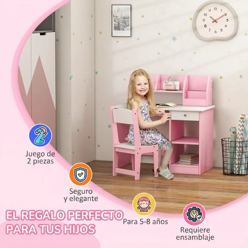 ZONEKIZ Escritorio y Silla para Niños con Almacenaje para Estudio Lectura y Juegos Mesa 90x45x90 cm y Silla 35x31,5x65 cm Rosa