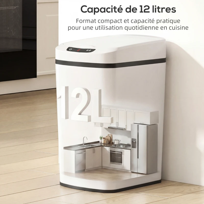 HOMCOM Poubelle de Cuisine Automatique 12 L en Acier Inoxydable, Poubelle à Capteur avec Couvercle, 28 x 22 x 41 cm, Blanc