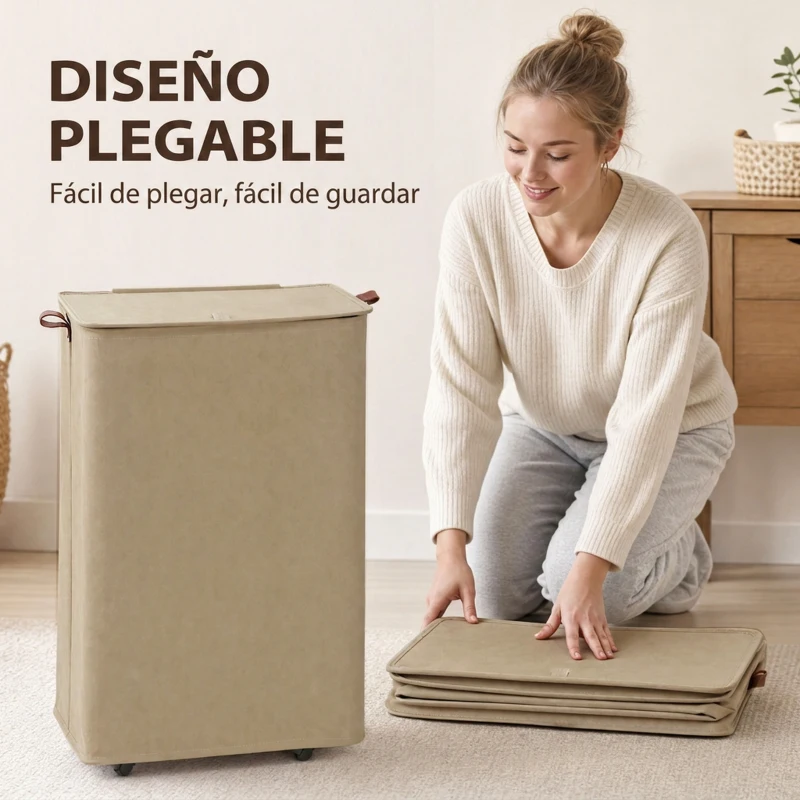 HOMCOM Cesto de Ropa Sucia con Tapa y Ruedas 50L Cesta de Ropa Sucia Plegable con Bolsa con Cordón Extraíble 40x30x65 cm Camel