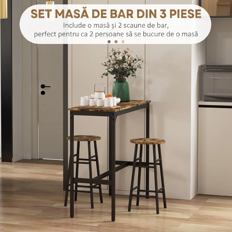 HOMCOM Set Masă Înaltă și 2 Taburete de Bar cu Suport pentru Picioare, Stil Industrial, Negru și Maro