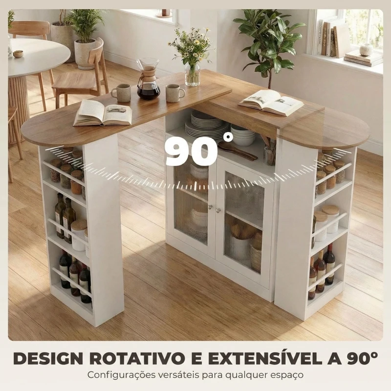 HOMCOM Mesa de Bar Extensível e Rotativa 360° com Prateleiras Abertas e 2 Portas de Vidro 150x80x105,5 cm Branco e Madeira