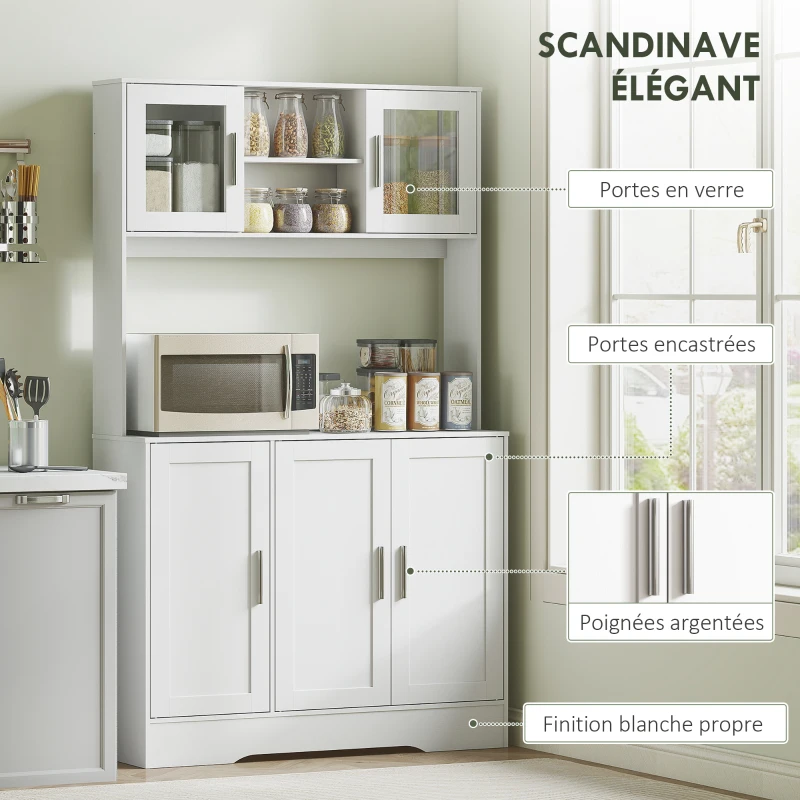 HOMCOM Armoire de cuisine scandinave avec placards, compartiments ouverts, portes vitrées et plan de travail, blanc