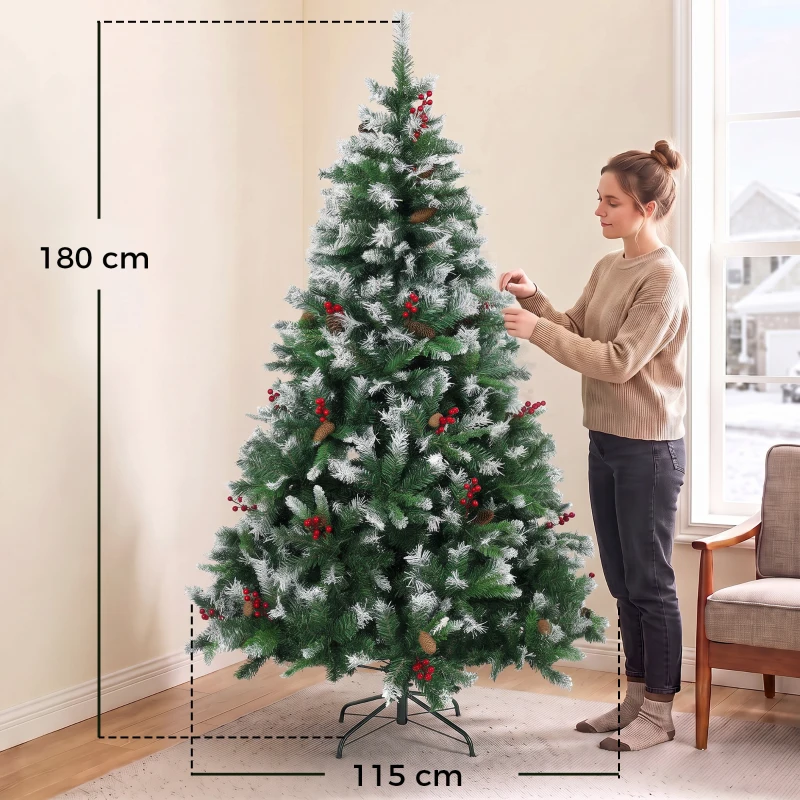 HOMCOM Árbol de Navidad Artificial Nevado 180 cm con 840 Ramas Bayas Rojas Piñas Base de Acero Plegable Montaje Rápido Verde