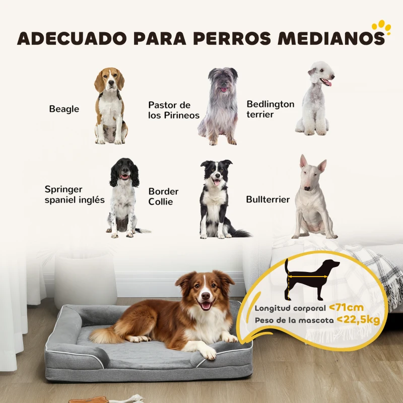PawHut Cama para Perros Medianos Cama para Gatos con Base Antideslizante Funda Extraíble y Lavable 91,5x68,5x16,5 cm Gris