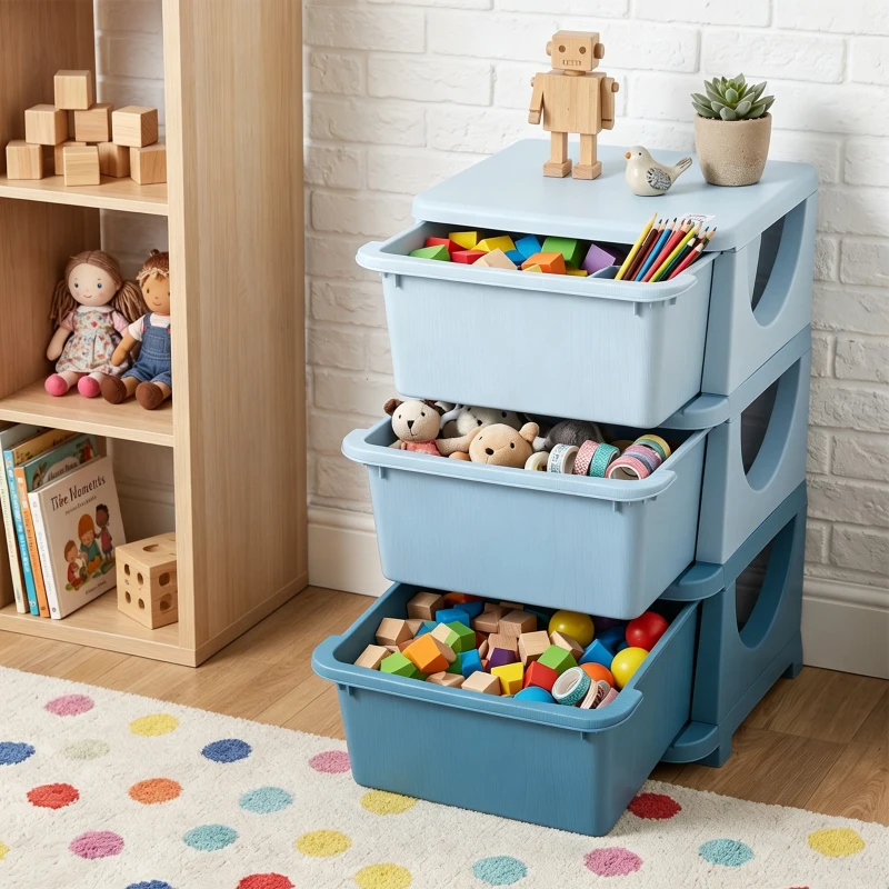 HOMCOM Torre de Almacenamiento Infantil con 3 Cajones, Organizador de Juguetes para Niños de +3 Años, con Bordes Redondeados y Asas, para Guardería, Sala de Juegos, Dormitorio, 37x37x56,5 cm, Azul