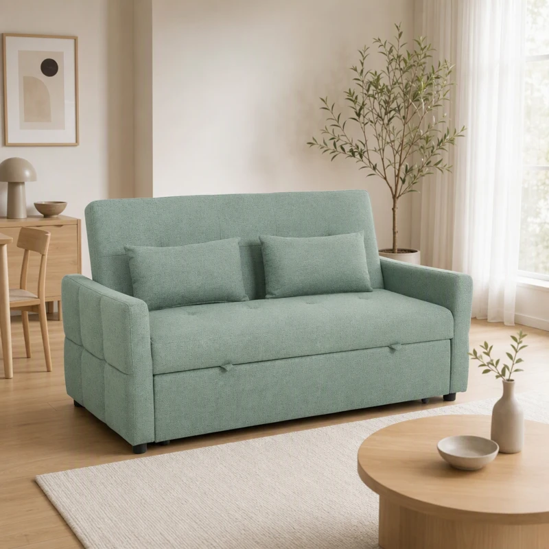HOMCOM Sofá Convertible 2 Plazas 3 en 1, Sofá Cama Clic Clac 160 cm, Respaldo Ajustable, Asiento Amplio, 2 Cojines, Verde