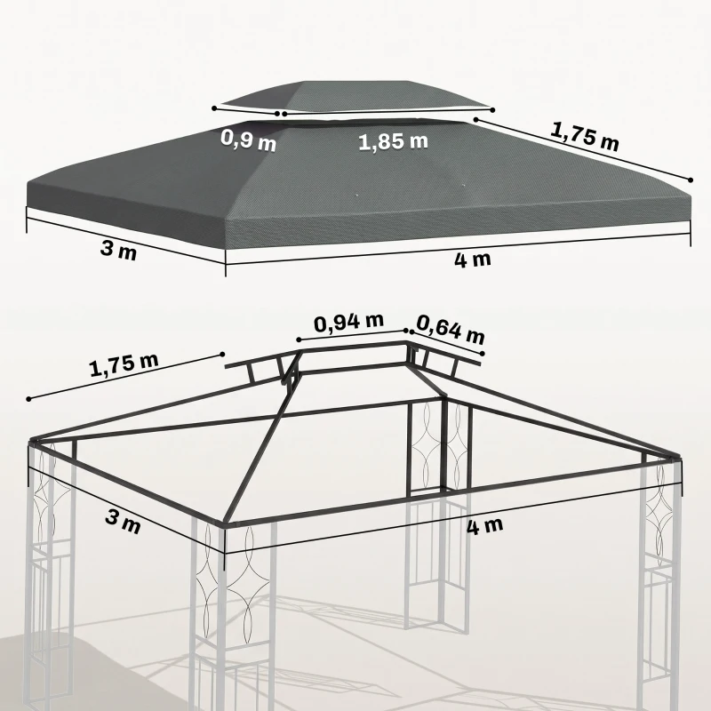 Outsunny Toldo de Substituição 4x3m para Pérgola de Jardim 2 Níveis Respirável com 10 Orifícios de Drenagem Cobertura de Substituição de Pérgola Exterior Cinza