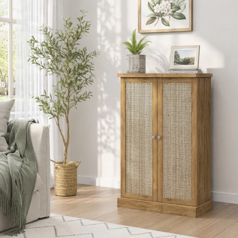 HOMCOM Armario Despensa Cocina con 2 Puertas de Ratán y 16 Estantes Alacena Moderna con Estantes Ajustables 60x30x104cm Natural