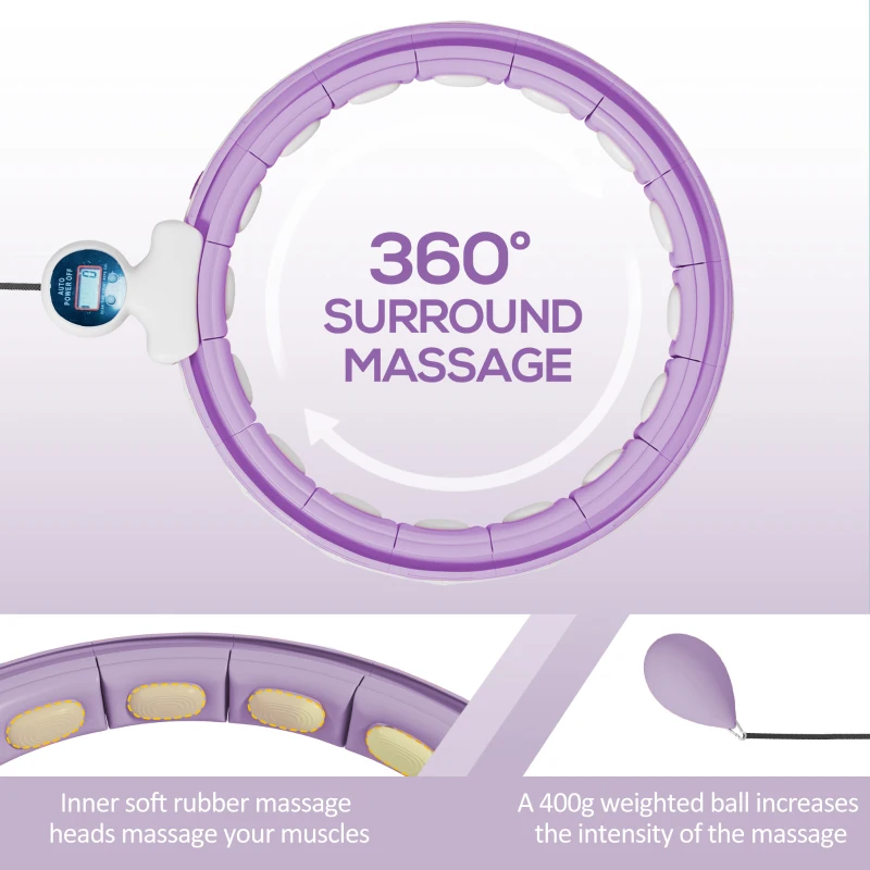 SPORTNOW Smart Weighted Hula Hoop, Massage Hula Ring w/ 16 Detachable Knots, 360° Auto-Rotating Ball, Digital Counter, Purple