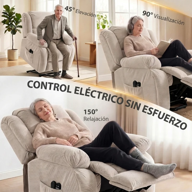 HOMCOM Sillón Relax Reclinable Eléctrico Levanta Personas Masaje Vibratorio y Calor Asiento Ancho Puerto USB Bolsillos Beige