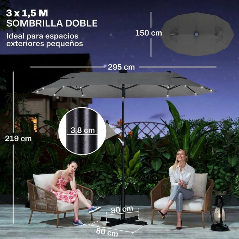 Outsunny Sombrilla de Jardín Doble 295x150x219 cm con Luces LED Solares Toldo con Inclinación Ajustable y Manivela Manual Gris