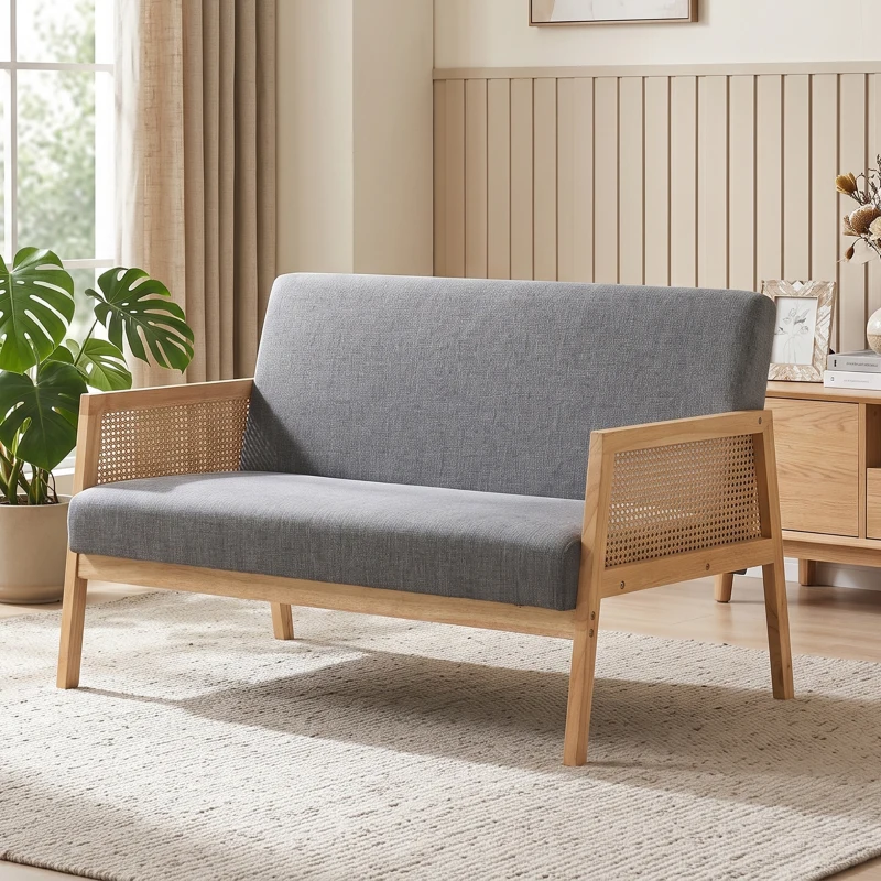 HOMCOM Sofá de 2 Lugares com Efeito Linho Detalhes em Vime Sintético e Estrutura em Madeira até 240 kg 115x77x77 cm Cinza