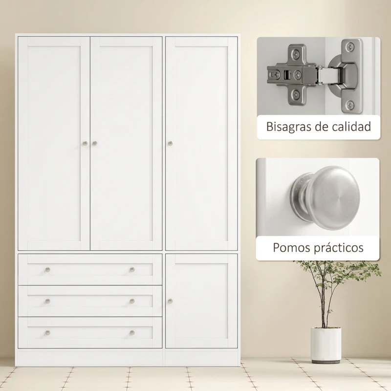 HOMCOM Armario Ropero de 4 Puertas con Barra 3 Cajones y Estante Ajustable 120x50x176,5 cm Blanco