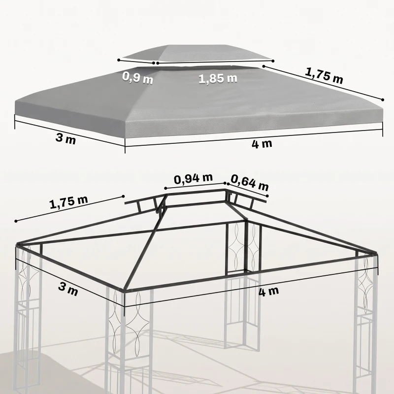 Outsunny Toldo de Substituição 4x3m para Pérgola de Jardim 2 Níveis Respirável com 10 Orifícios de Drenagem Cinza Claro