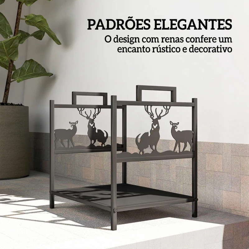 Outsunny Suporte para Lenha em Metal com Pegas 42,5x33,5x43 cm para Lareira Jardim e Terraço Preto