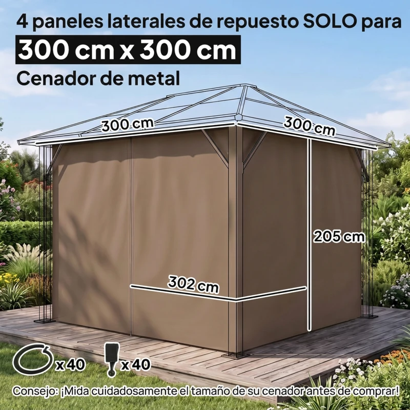 Outsunny 4 Paredes Laterales para Cenador 3x2 m con Ganchos Cortinas sin Ventanas para Carpa de Jardín Exterior Fiesta Marrón