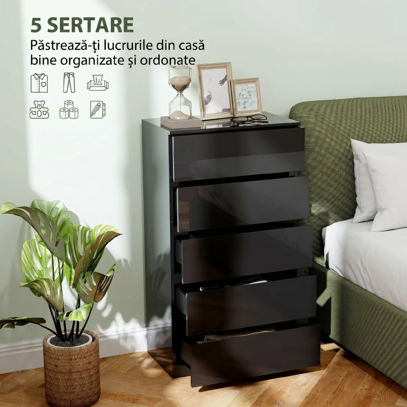 HOMCOM Comodă cu 5 Sertare din Lemn, pentru Dormitor, Design Modern și Multifuncțional, 55x34x100 cm, Negru