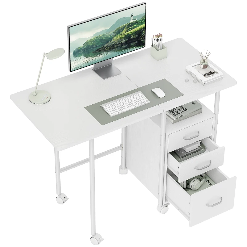 HOMCOM 105 x 51 cm Foldable Office Deskwith 3 Drawers, Extendable Top, Wheels, White