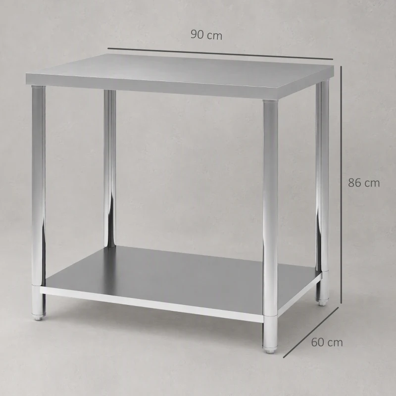 HOMCOM Mesa de Trabalho em Aço Inoxidável com 2 Prateleiras para Cozinha, Garagem e Oficina, Carga 100 kg, 90x60x86 cm, Prateado