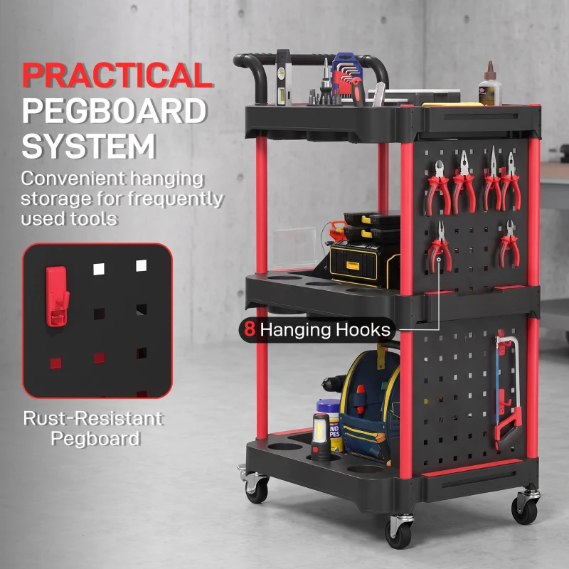 HOMCOM 3-Tier Rolling Tool Cart with Pegboard and Hooks, Storage Trolley Wheel Cart with Brakes, Black & Red