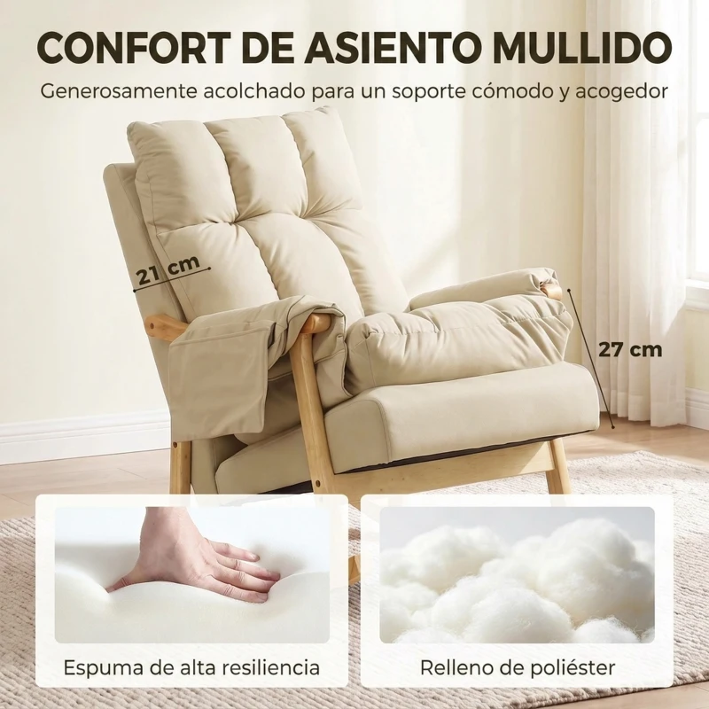 HOMCOM Silla Mecedora de Leathaire con Bolsillos Laterales Patas de Madera Acolchado Grueso para Salón Dormitorio Beige