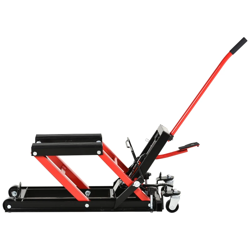 DURHAND Gato Hidráulico de Motocicletas Soporte 680 kg Elevador ATV para Garaje Pista Altura Ajustable 24-36 cm con Plataforma Almohadilla Antideslizante de Alta Resistencia 110x36x67 cm Negro y Rojo