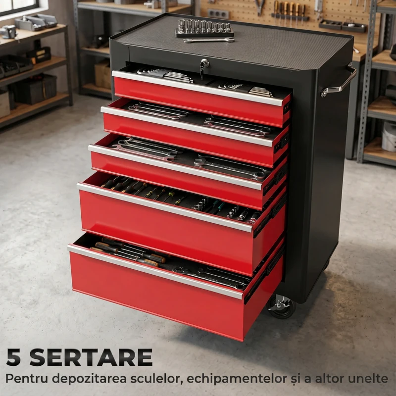 HOMCOM Carucior pentru Ustensile Unelte cu Sertar Rosu 61,5 X 33 X 85cm