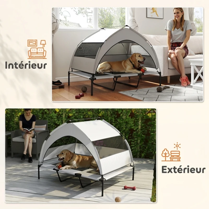PawHut Lit pour Chien Surélevé Tente pour Chien avec Auvent Tente 3 Côtés Respirant Textilène Sac 122x92x94cm Gris Clair