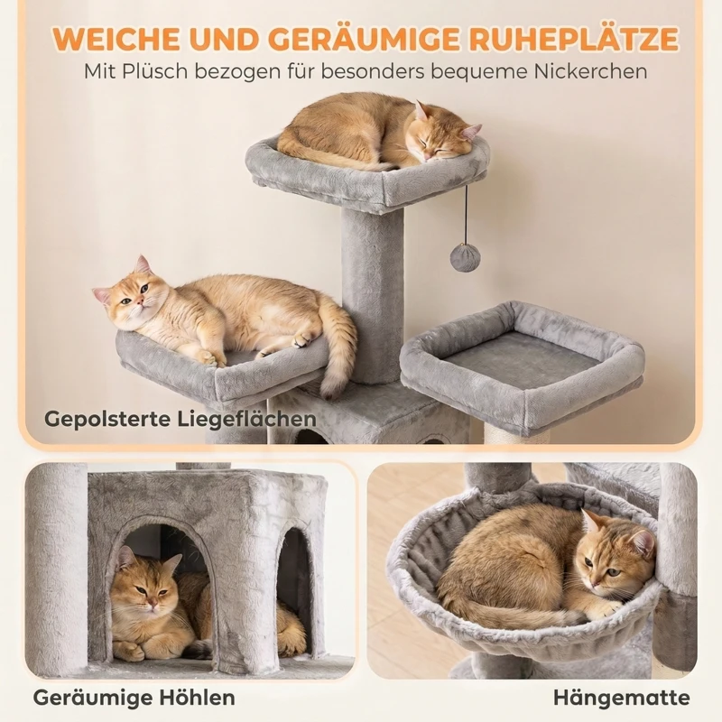 PawHut Kratzbaum Groß 184 cm hoch Katzenbaum mit 3 Kratzstämmen Liegeflächen Spielball Hängematte Leiter, Katzen unter 6 kg