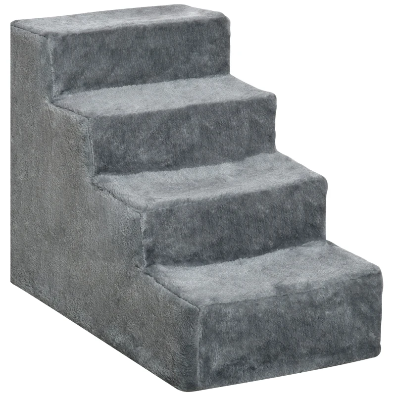 PawHut Scară portabilă pentru câini cu 4 trepte, din material catifelat detașabil și placaj, 60x35x44 cm, gri