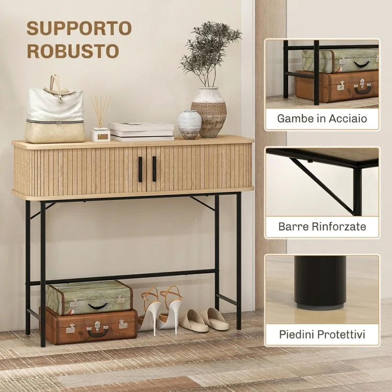 HOMCOM Consolle da ingresso con scomparti e ante scorrevoli, 100x30x80 cm, rovere