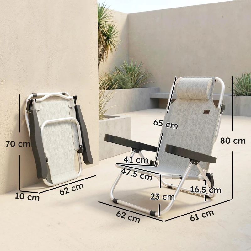 Outsunny Set 2 Șezlonguri Pliabile și Reclinabile cu Tetieră, Cadru Aluminiu și Textilenă, 62x61x80 cm, Gri