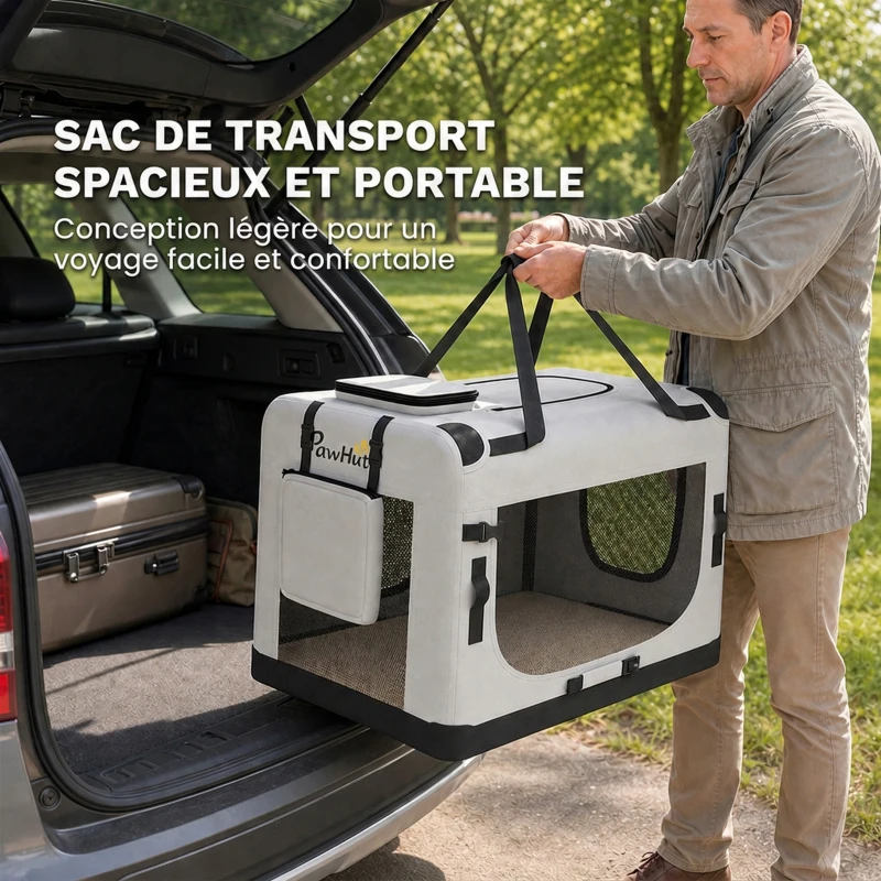 PawHut Sac de transport pour chien souple avec sangle de sécurité, coussin lavable et gamelle pliable, gris clair