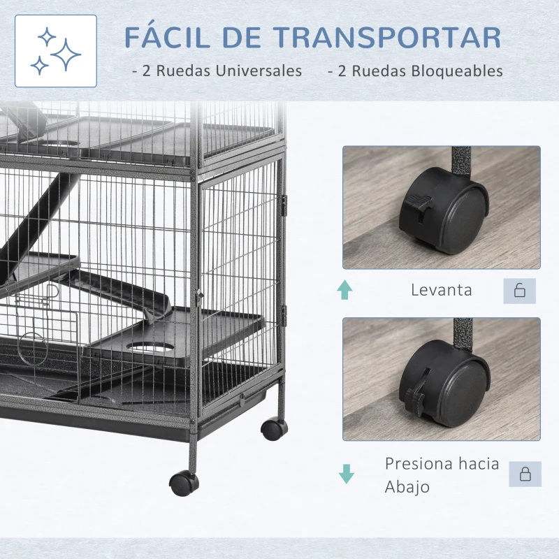 PawHut Jaula para Animales Pequeños de 4 Niveles Jaula para Roedores con Ruedas Rampas Hamaca Colgante y Bandeja Extraíble Recinto para Conejos Chinchillas Hurones 80x52x128 cm Gris Plateado