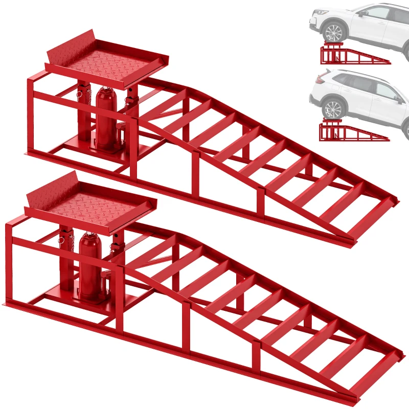 HOMCOM Lot de 2 Rampes d'Accès avec Cric Hydraulique 3T, Hauteur Réglable, Largeur d'Accès 230mm, 114x34,5x27cm, Rouge