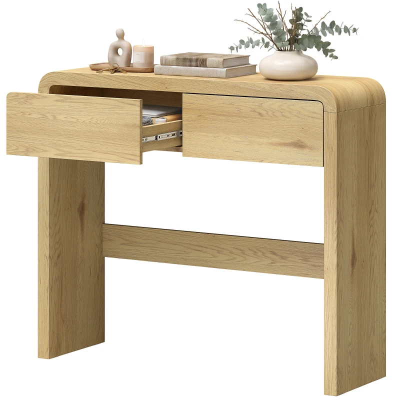 HOMCOM Mesa consola con 2 cajones, mueble consola, 100 x 30 x 85 cm, esquinas redondeadas y tablero grueso, madera natural