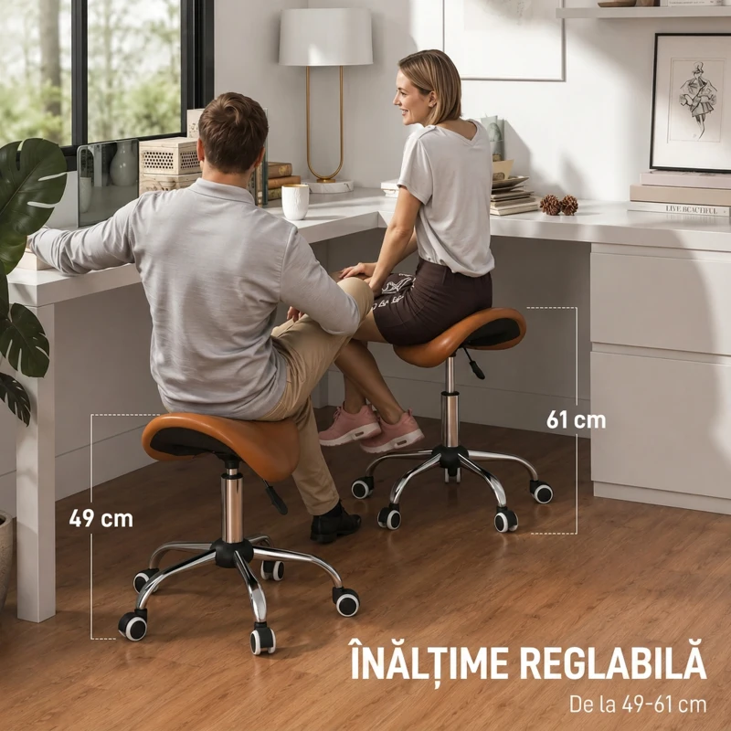 HOMCOM Scaun de Lucru Tip Șa cu Roți și Înălțime Reglabilă pentru Saloane de Coafură și Studiouri de Tatuaje, 52x53x49-61 cm, Maro