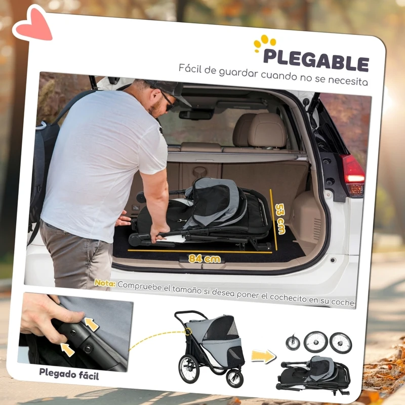 PawHut Carrito para Perros y Gatos Plegable hasta 20 kg Cochecito para Perros Medianos de 3 Ruedas de Goma y Frenos Cojín Gris
