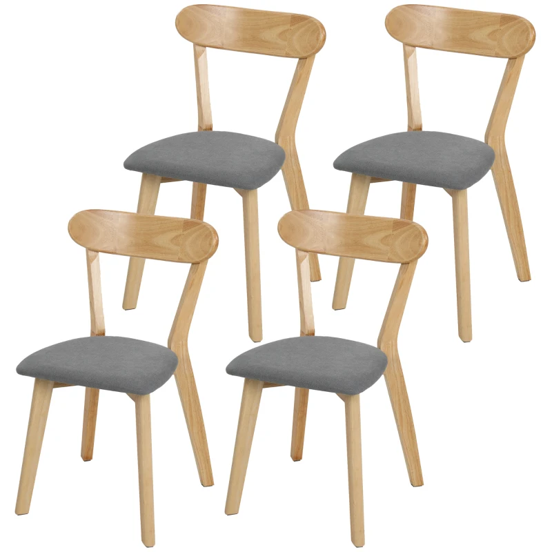 HOMCOM Set de 4 scaune de sufragerie, scaune de bucătărie, șezut căptușit cu țesătură cu aspect de in, spătar curbat, gri și lemn natural