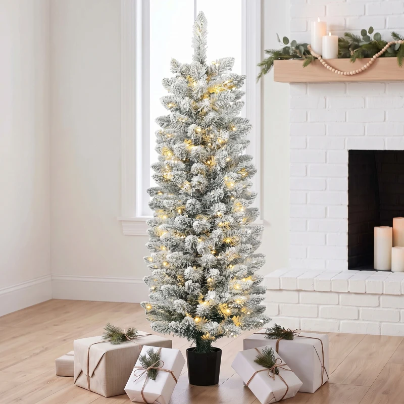 HOMCOM Árbol de Navidad Nevado con 100 Luces LED 120 cm 8 Modos 180 Ramas Verde y Blanco