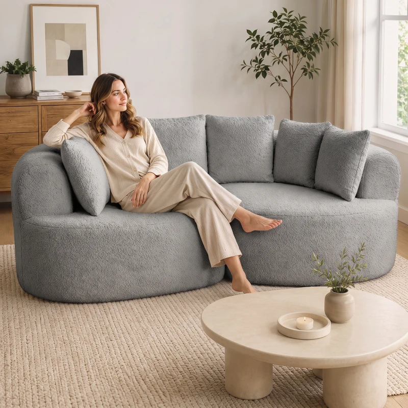 HOMCOM 3-Sitzer-Sofa rahmenlos mit tiefer Sitzfläche, 6 Kissen, geschwungenes Design, Chenille, Hellgrau