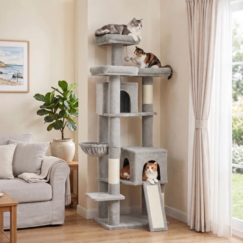 PawHut Kratzbaum Groß 184 cm hoch Katzenbaum mit 3 Kratzstämmen Liegeflächen Spielball Hängematte Leiter, Katzen unter 6 kg