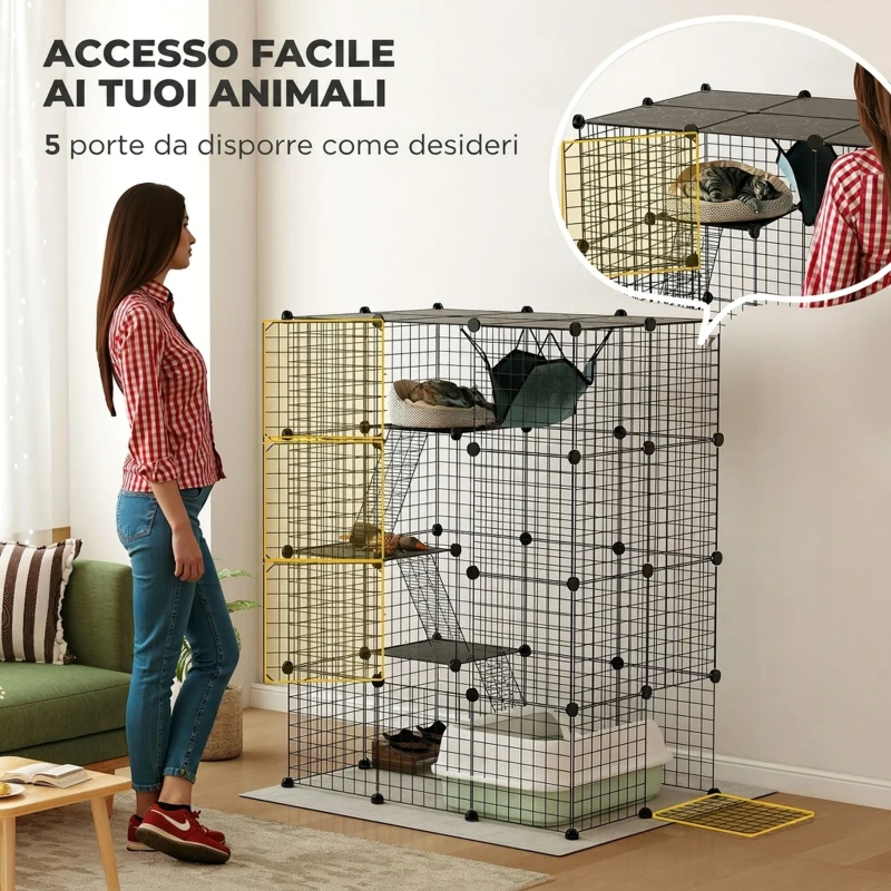 PawHut Gabbia per Gatti Grande 4 Livelli con Struttura Personalizzabile in Acciaio, Rampe, Amaca, per 1-3 Gatti, Nero