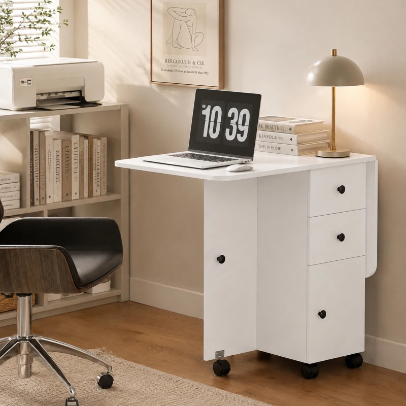 HOMCOM Mesa de comedor plegable, mesa de cocina con ruedas con cajones y armario, Blanco