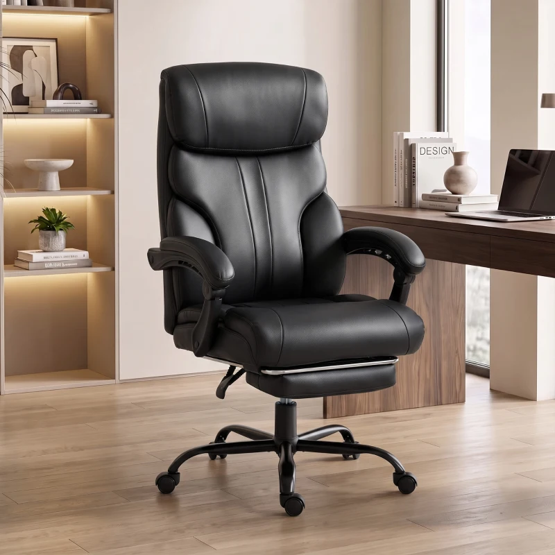HOMCOM Chaise Bureau Ergonomique Inclinable, Fauteuil de Bureau en PU, Accoudoirs Synchronisés, Hauteur Réglable, Noir