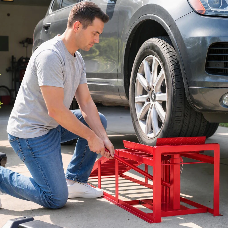 HOMCOM Lot de 2 Rampes d'Accès avec Cric Hydraulique 3T, Hauteur Réglable, Largeur d'Accès 230mm, 114x34,5x27cm, Rouge