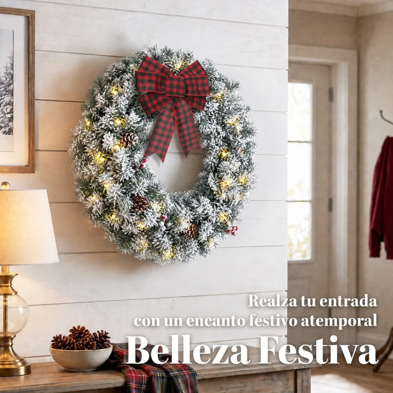 HOMCOM Corona de Navidad Puerta Efecto Nevado con 50 LED Luces Piñas Bayas y Lazo Festivo para Chimenea Pared Ventana