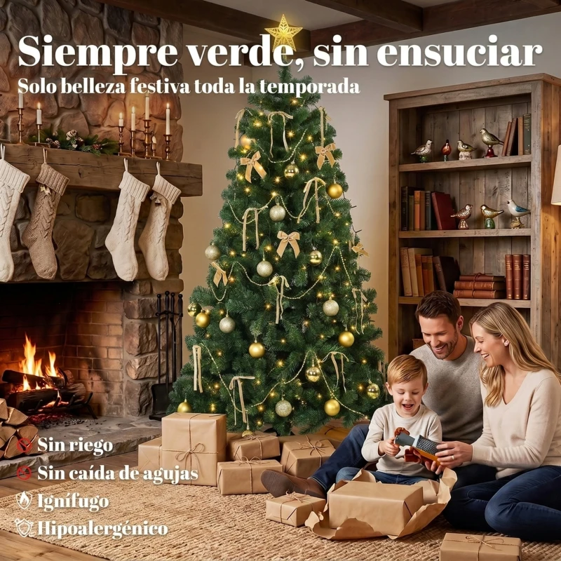 HOMCOM Árbol de Navidad Decorativo 180 cm con 240 LED 755 Ramas Ignífugas Estrella 30 Bolas 18 Lazos Decoración Dorado Verde