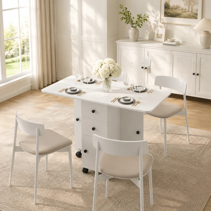 HOMCOM Mesa de comedor plegable, mesa de cocina con ruedas con cajones y armario, Blanco