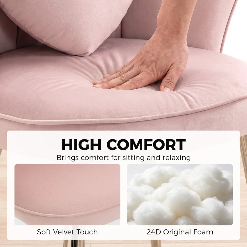 HOMCOM Accent Chair Velvet Upholstered Armchair Lotus Back Heart Pillow Lumbar Pillow Metal Legs Soft Pink